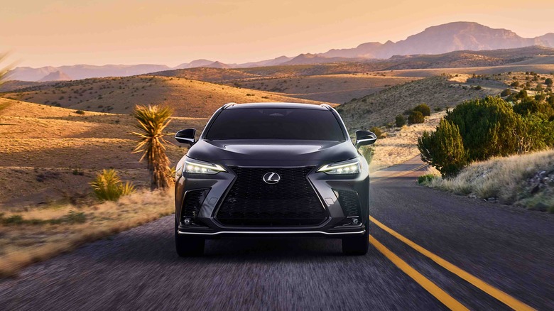 Black Lexus NX F Sport driving down a desert road
