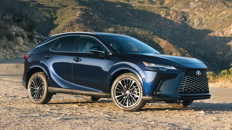 A blue 2025 Lexus RX 350 parked on an unpaved surface
