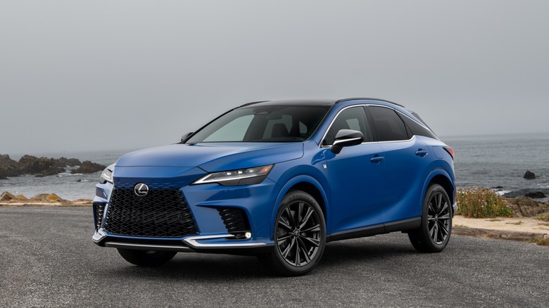 A blue 2025 Lexus RX 350 on a paved roadway next to a beach