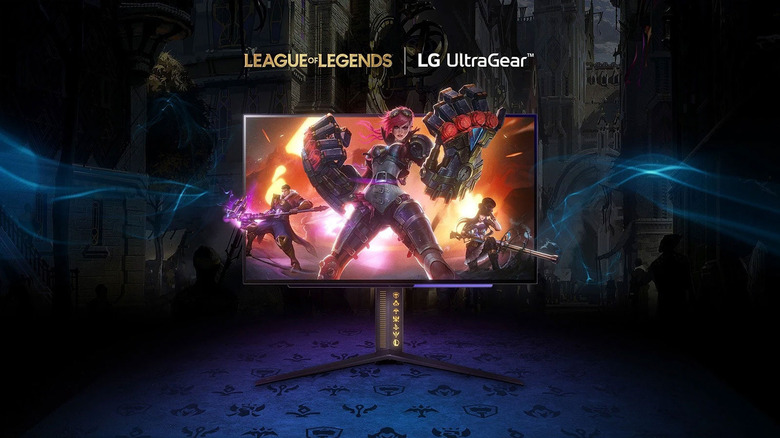LG League of Legends UltraGear gaming monitor in front of old city