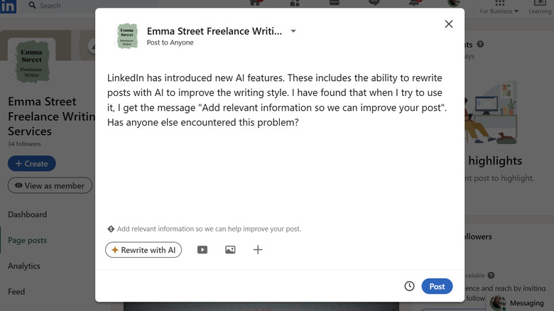 LinkedIn post window showing a post about getting errors when using AI rewrite and the warning message "Add relevant information so we can help improve your post"