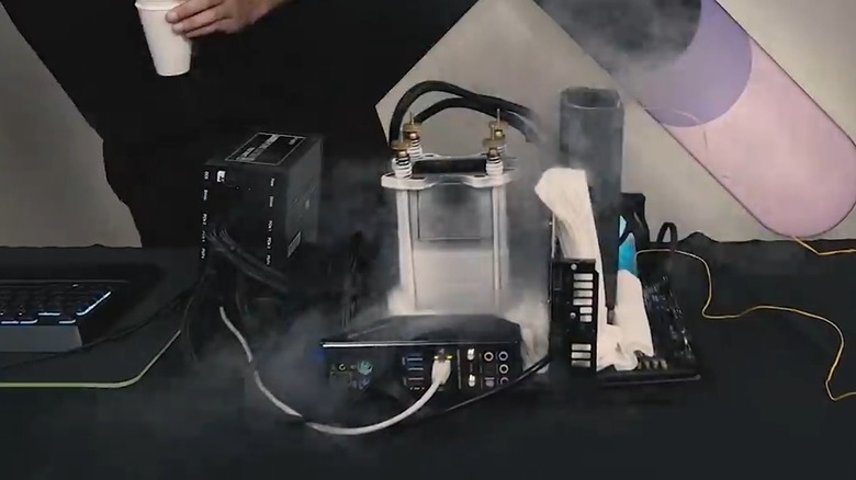A liquid nitrogen cooled PC with evaporating liquid nitrogen gas apparent.