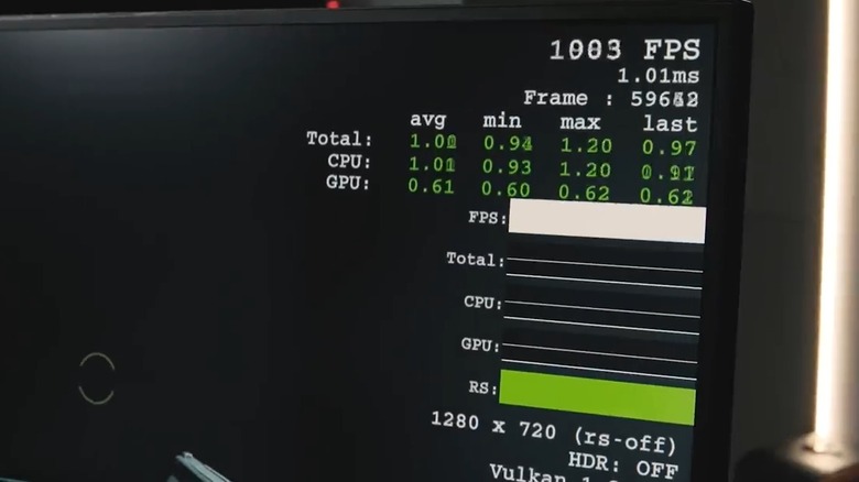 A monitor showing game performance stats, including reaching a frame rate of 1003 FPS.