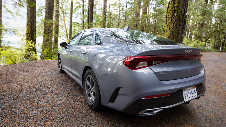 Gray Kia K5 parked in a forested area