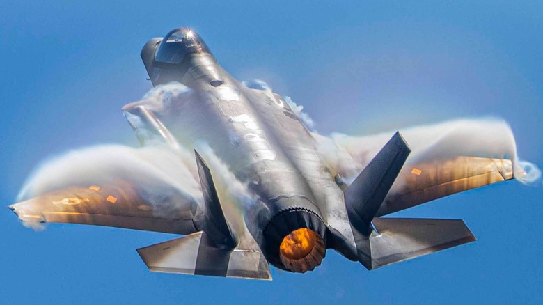 An F-35A Lightning II performing at an air show