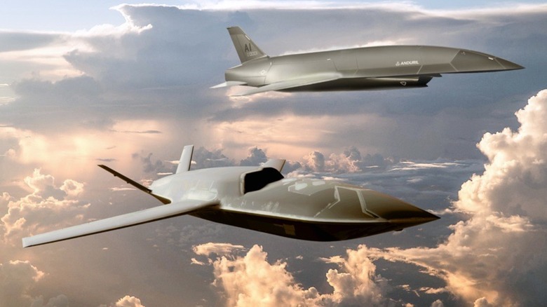 Concept art of two collaborative combat aircraft flying in tandem