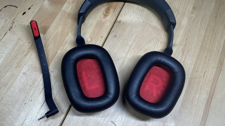Inside the padded ear cups, with accompanying external mic attachment
