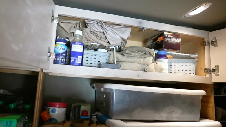 storage space for toiletries and clothes in a Peterbilt Semi truck