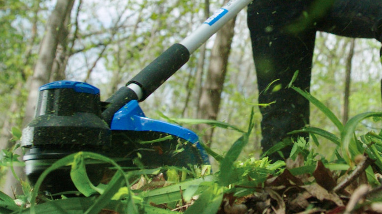 Person uses Quiet Tech 24-volt String Trimmer to cut weeds.