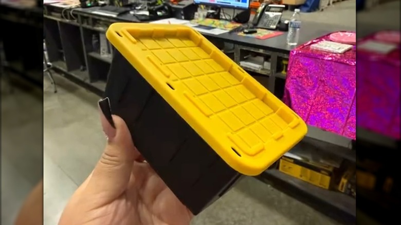 A person holding a mini Lowe's tote.