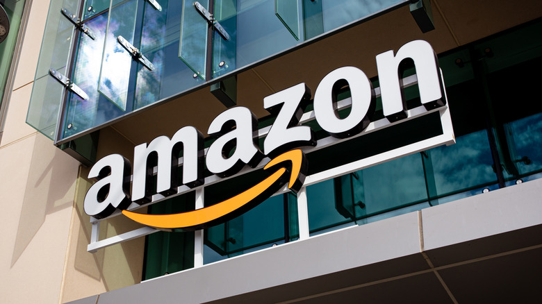 The Amazon logo on the side of a building