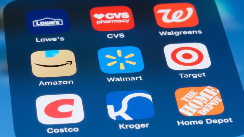 Various shopping apps on a phone screen.
