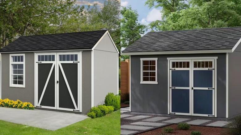 Split image Lowe's Heartland wood shed and Home Depot's Beachwood shed