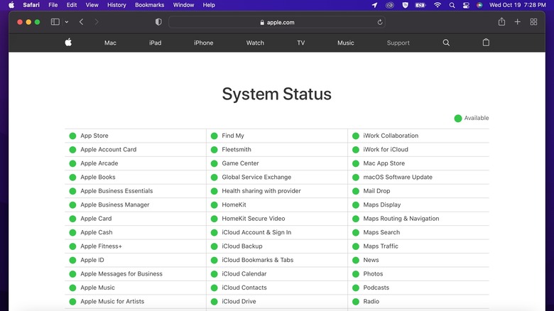 screenshot of apple system status website