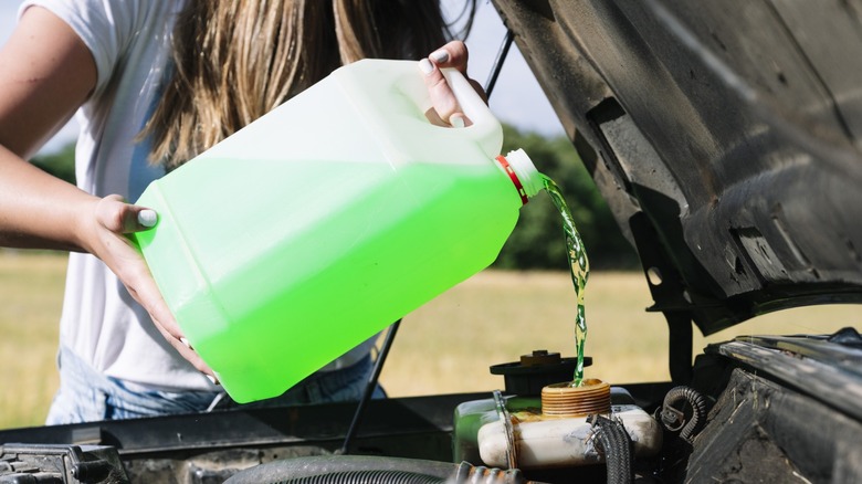 Person pouring green liquid into car engine