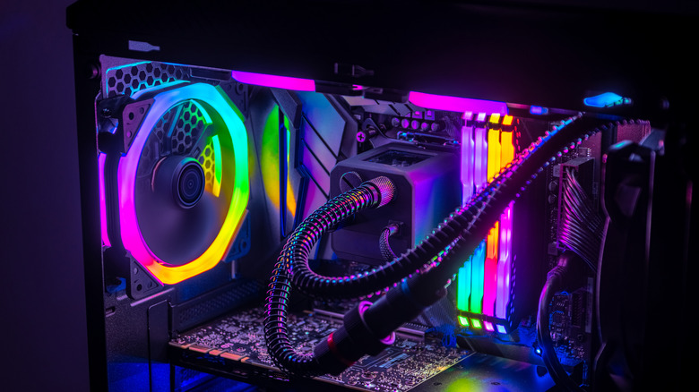 brightly lit CPU cooler in a LED computer