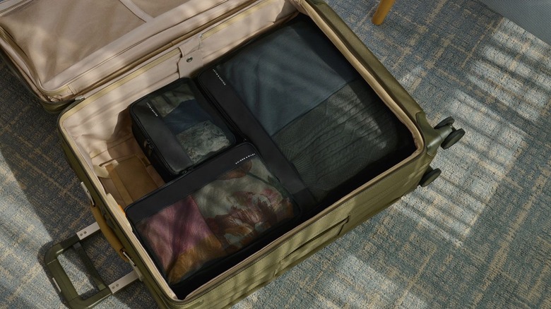 An open, well-organized, green Briggs & Riley suitcase