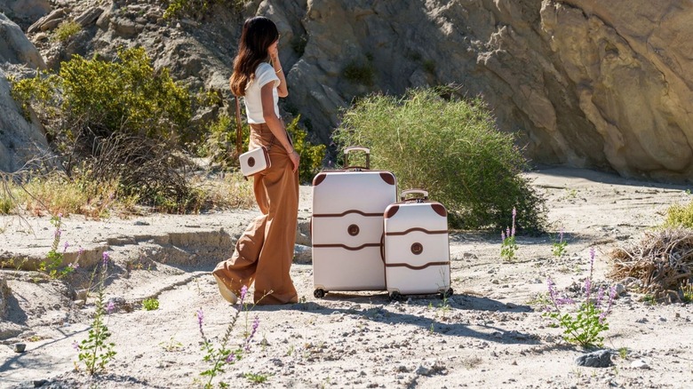 A woman standing near a bush, next to two Delsey suitcases