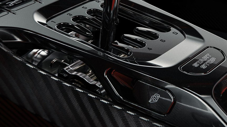 A close-up of the gated manual transmission from a Koenigsegg CC850