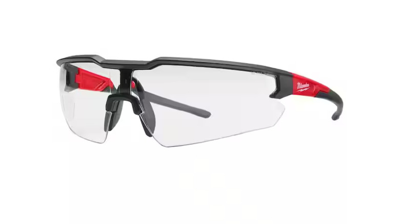 Black and red safety glasses branded Milwaukee