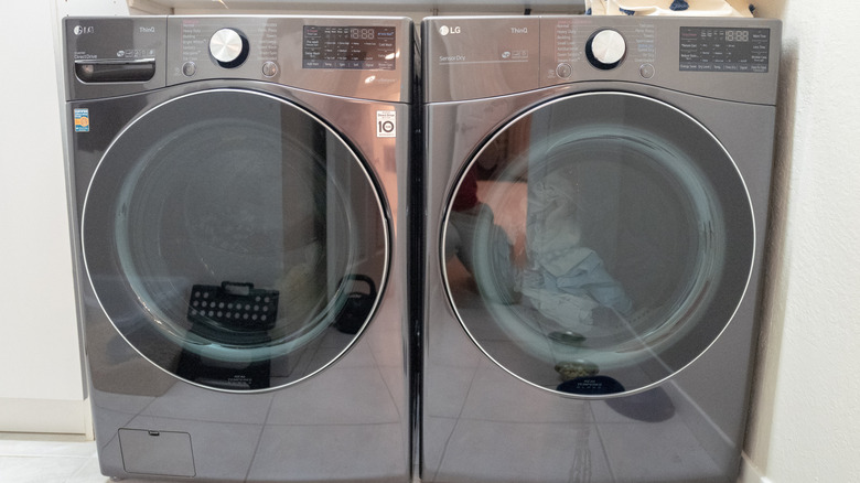 LG washer and dryer set in a washroom