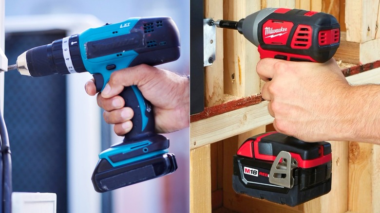 A side-by-side of a person using a cordless Milwaukee and Makita drill/driver