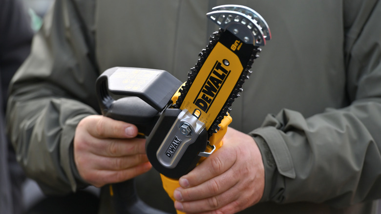 man holding a DeWalt pruning saw