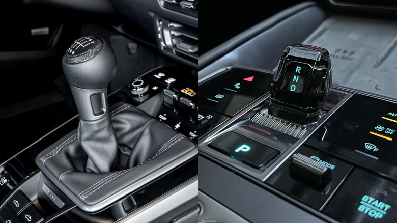 A manual transmission shifter alongside a low-profile electronic automatic transmission shifter