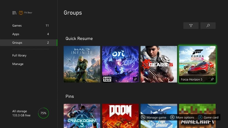 Xbox Groups software menu