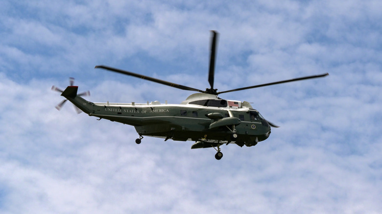 Marine One Sikorsky Sea King helicopter carrying the President of the United States of America from the White House
