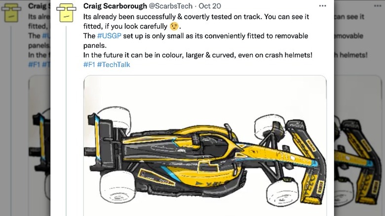 Tweet sharing details of display-based advertising panel on McLaren F1 car.