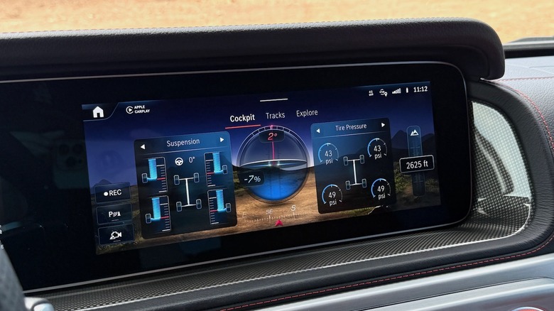 2026 Mercedes-Benz G 580 center touchscreen with off-road pages displayed