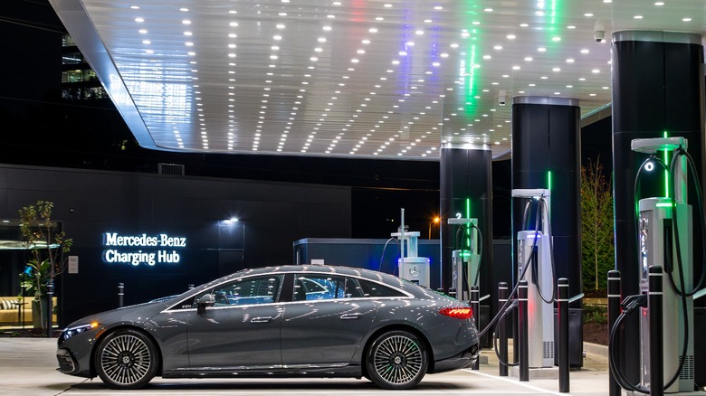 Car at a Mercedes station.