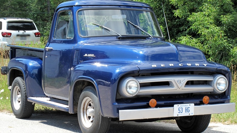 A Superior Blue 1953 Mercury M-100 pickup truck.