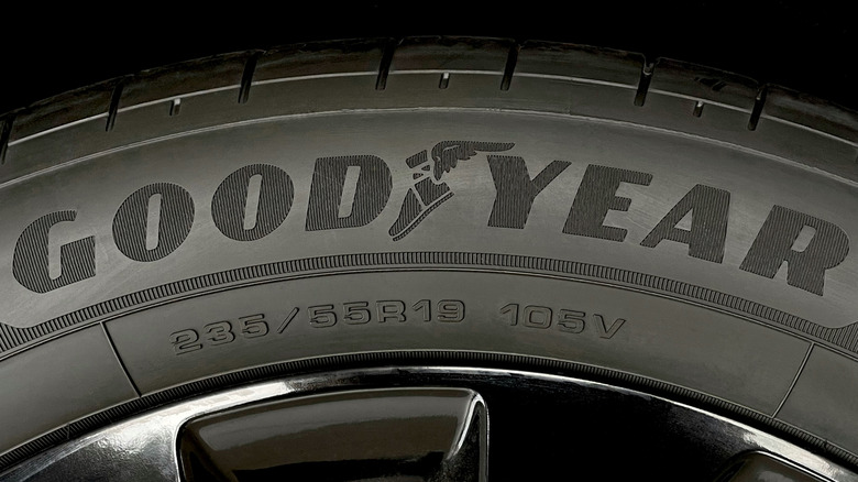 close-up of a Goodyear logo on a tire
