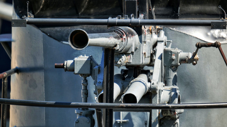 Close up view of deck gun on USS Silversides submarine.