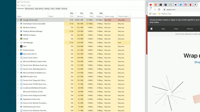 Task Manager showing Chrome running 93 tabs