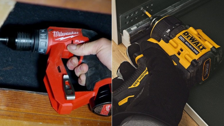 Side-by-side of Milwaukee and DeWalt multi-head drills in use