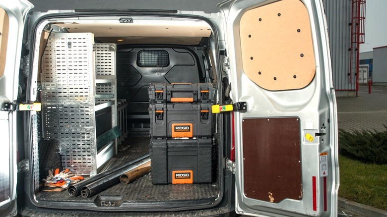 Rigid Pro Tool Storage system standing in the back of a work van