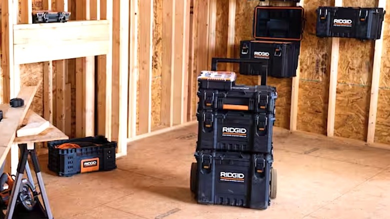Rigid Pro Gear 2.0 boxes stacked at a work site