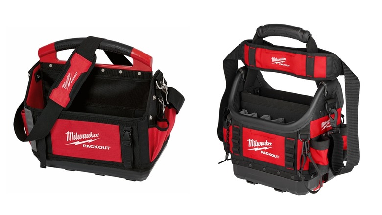 A Milwaukee packout standard tote (left) vs a milwaukee packout structured tote (right)