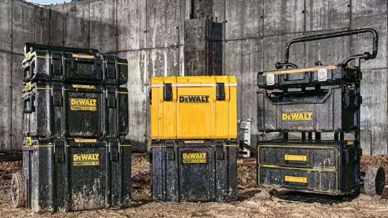 a collection of dewalt toughsystem tool boxes