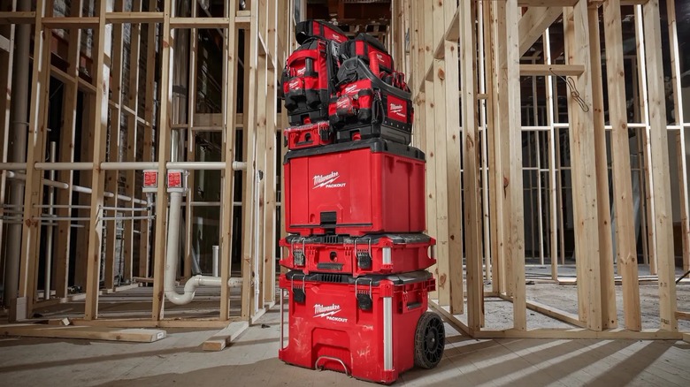 a milwaukee packout modular tool storage setup with various add-ons