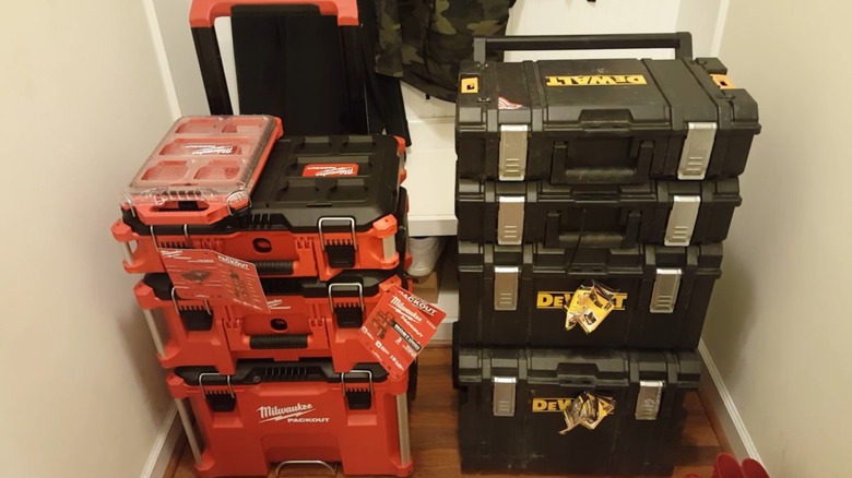 milwaukee packout and dewalt toughsystem tool boxes next to each other
