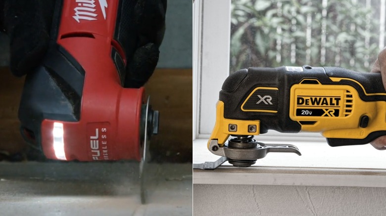 Side-by-side of Milwaukee M18 Fuel 2836-20 and DeWalt 20V Max XR DCS356B in use