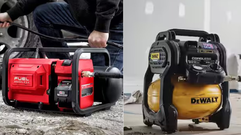 Side-by-side of Milwaukee M18 Fuel and DeWalt 20V Max air compressors