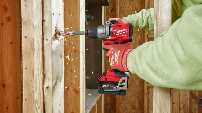A Milwaukee M18 Fuel Hammer Drill in use