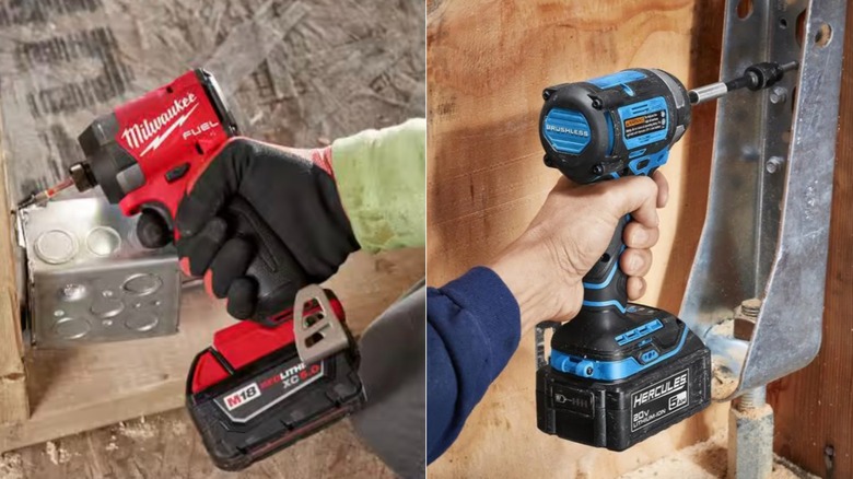 Side-by-side of Milwaukee and Hercules impact drivers in use