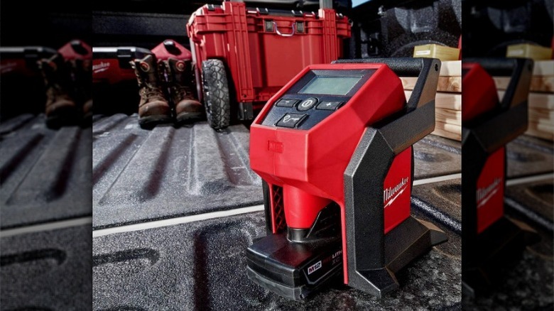 Milwaukee M12 Portable Inflator on truck bed