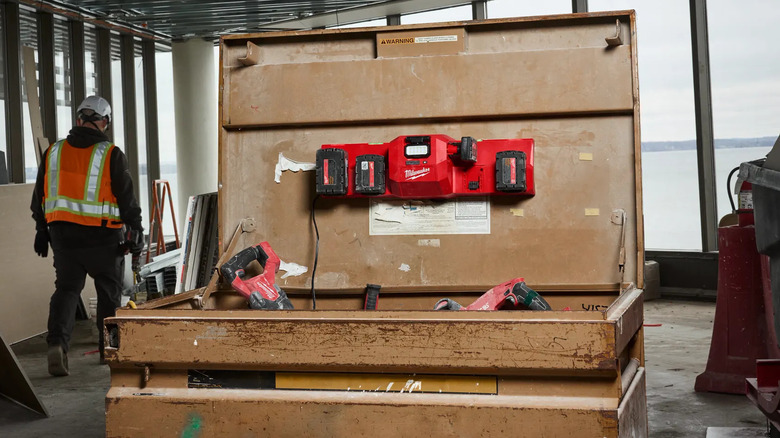 Milwaukee Gangbox Charger attached to a gangbox lid